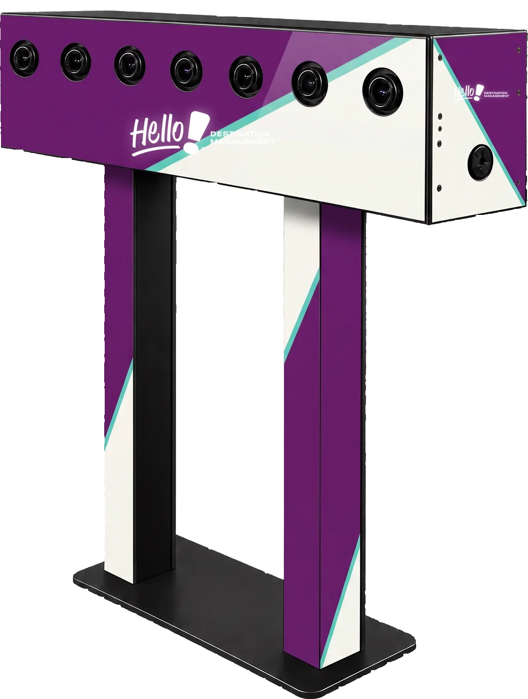 Array multi-camera gantry with seven camera lenses across the top beam, shown in a Hello! Arizona Destination Management  custom wrap