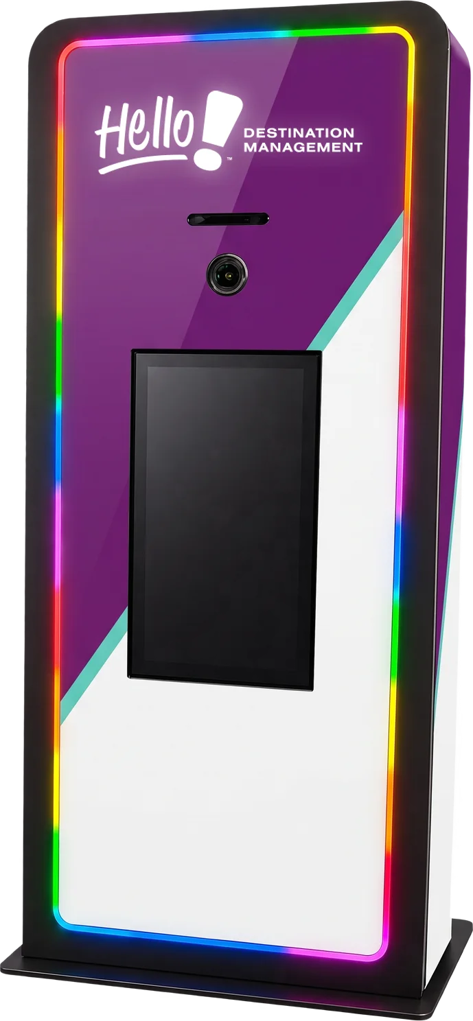 Elevated Kiosk with LED edge lighting, large touch screen, and integrated printer, shown in a Hello! Arizona Destination Management  custom wrap