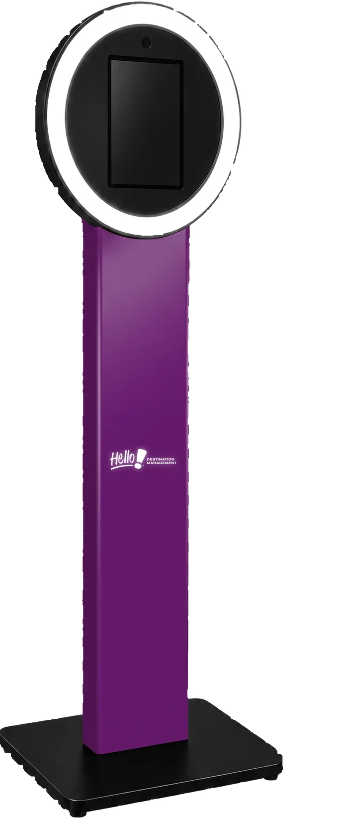 Selfie Station kiosk with halo ring light, shown in a Hello! Arizona Destination Management  custom wrap