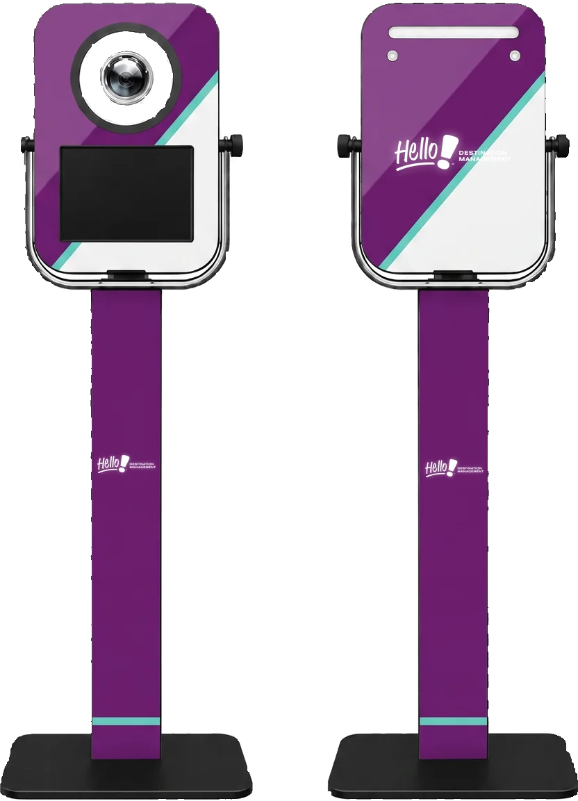PRO booth, front and back, with adjustable tilting head unit, shown in a Hello! Arizona Destination Management  custom wrap