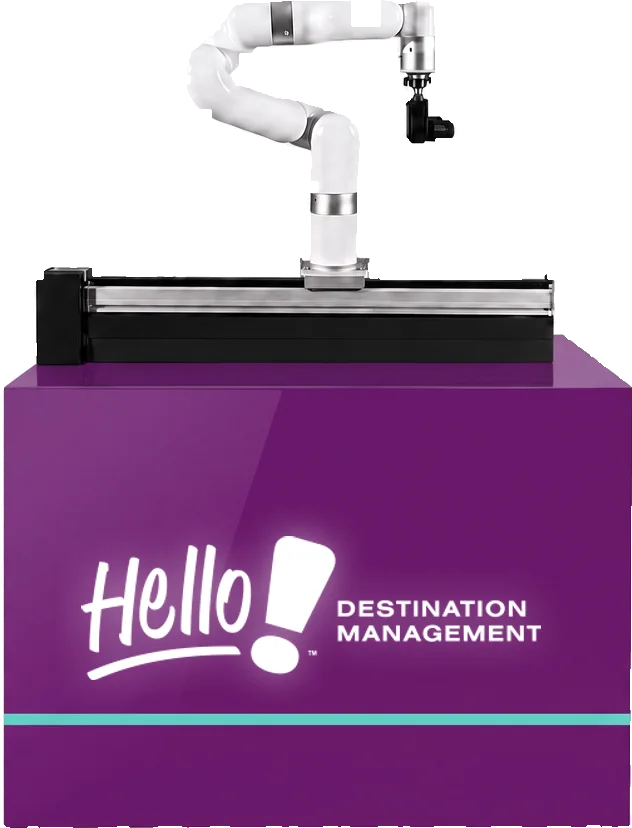 Robotic camera arm mounted on a rail atop a branded base cabinet, shown in a Hello! Arizona Destination Management  custom wrap